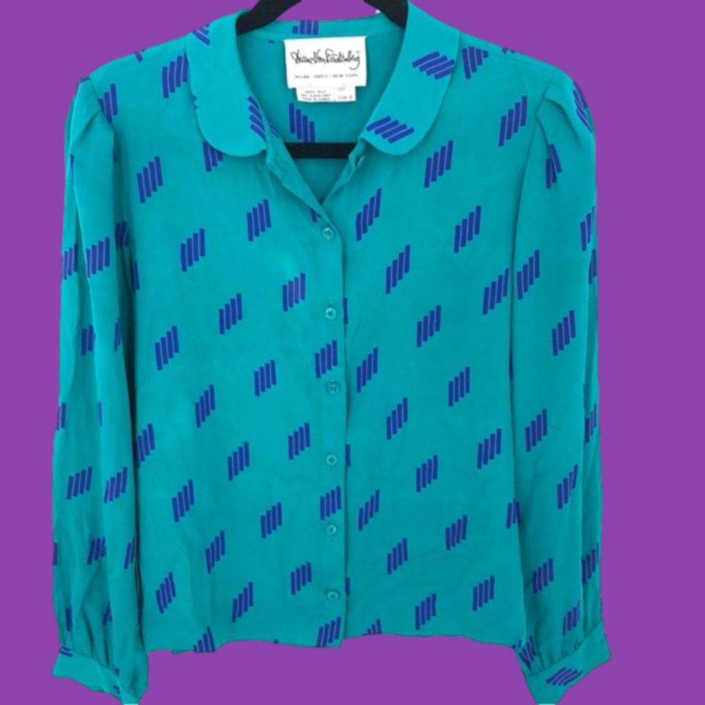 Vintage DVF Silk Blouse Top Shirt Y2K Retro Print